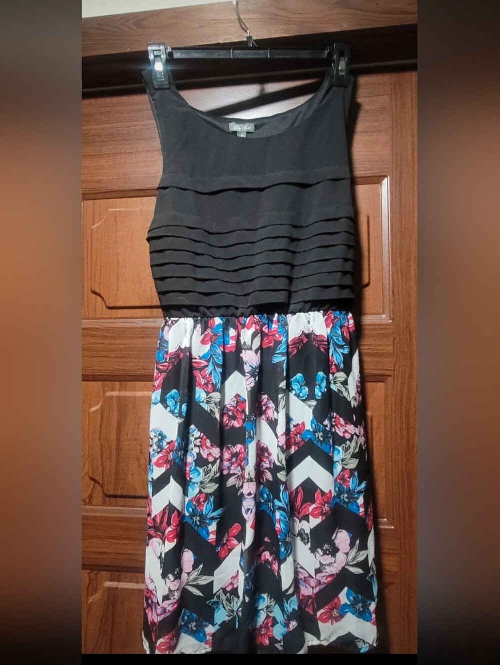 Lily Rose Black Bodice Floral Chevron Dress with Blue and Pink Accents